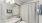 a bathroom with a shower curtain