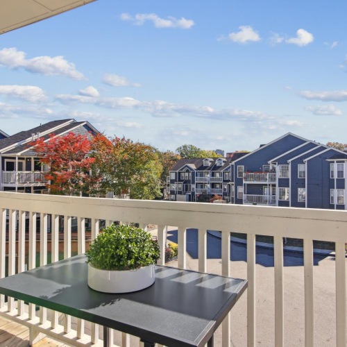 Spacious balconies a balcony with a table and a plant on it and a building in the background
